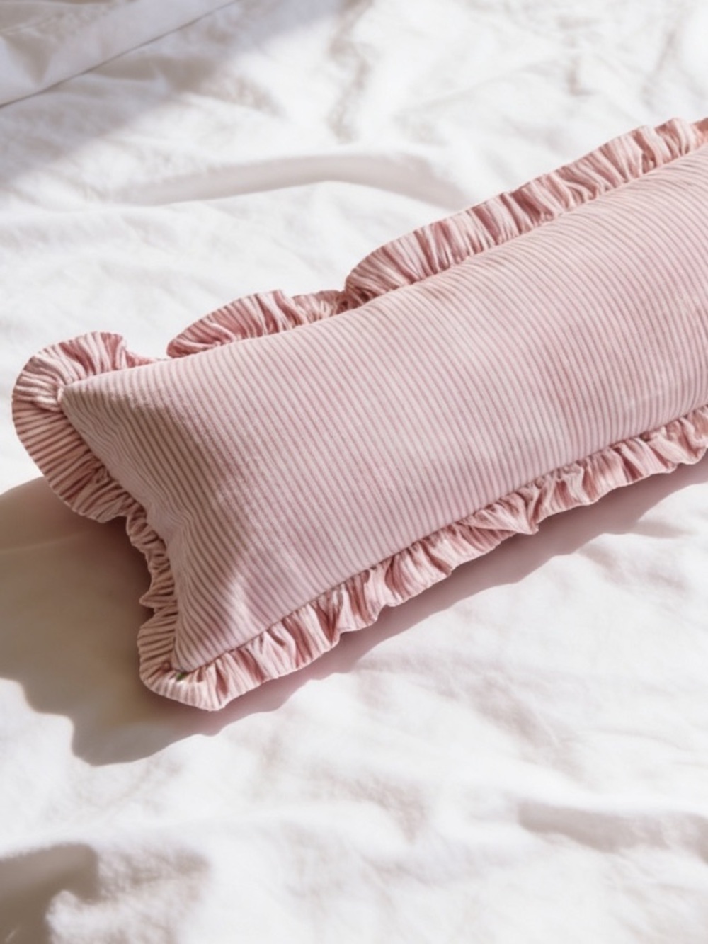 Pink Pinstripe Ruffle Lumbar Pillow Cover 32x12 Cottagecore Farmhouse